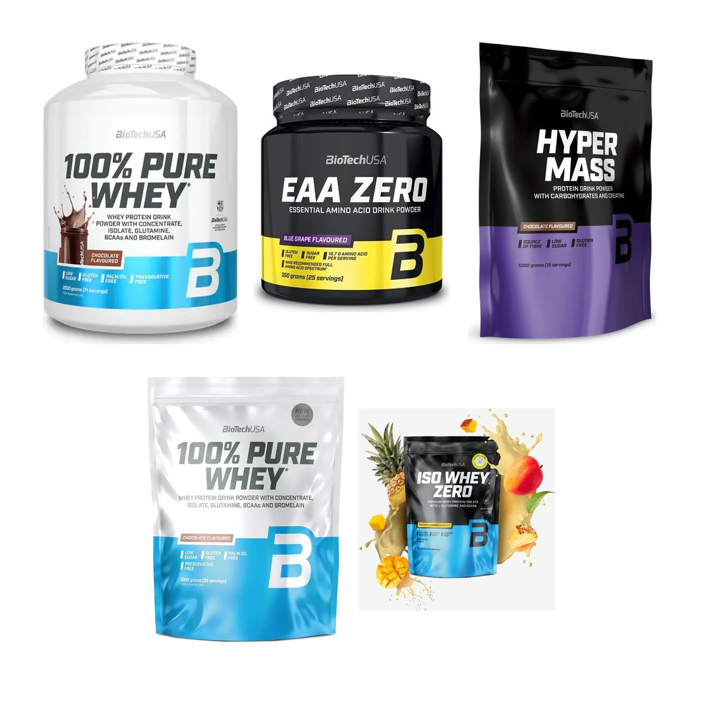 BioTech USA Marken-Großset: 100% Pure Whey + EAA Zero + 3 weitere – alle enthaltenen Artikel