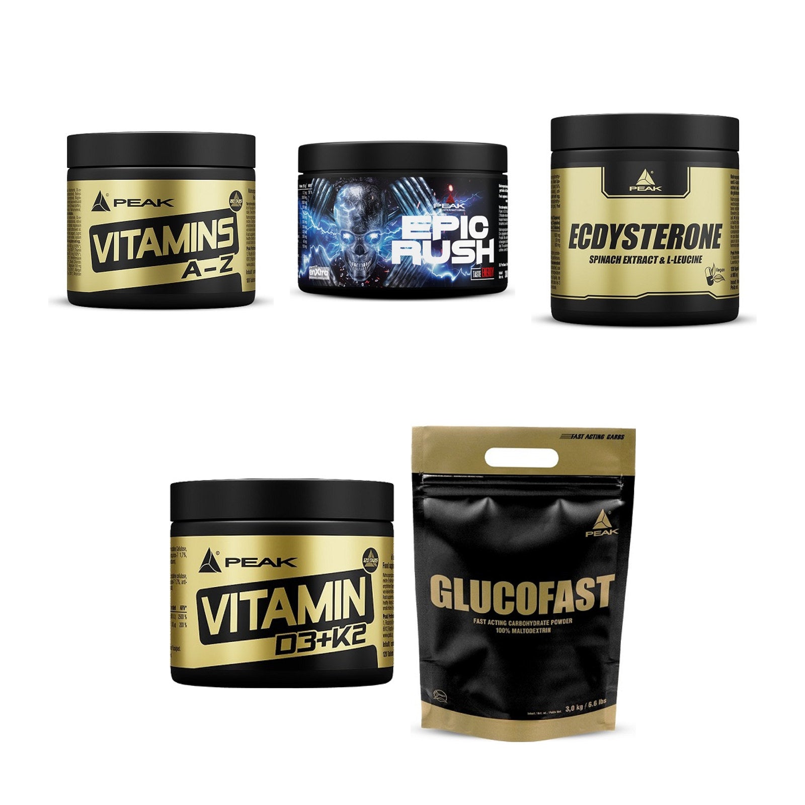 Peak Marken-Großset: Vitamin A-Z 180 Tabl. + Epic Rush + 3 weitere – alle enthaltenen Artikel