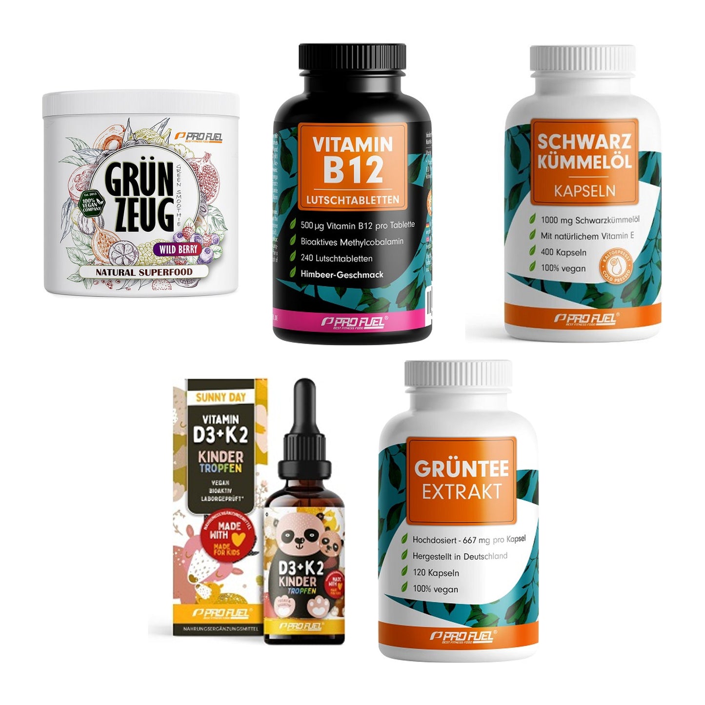ProFuel Marken-Großset: GRÜNZEUG + Vitamin B12 240 + 3 weitere – alle enthaltenen Artikel