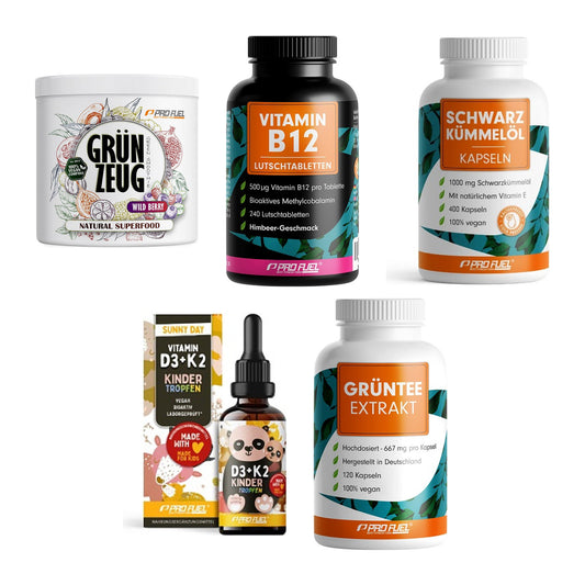 ProFuel Marken-Großset: GRÜNZEUG + Vitamin B12 240 + 3 weitere – alle enthaltenen Artikel