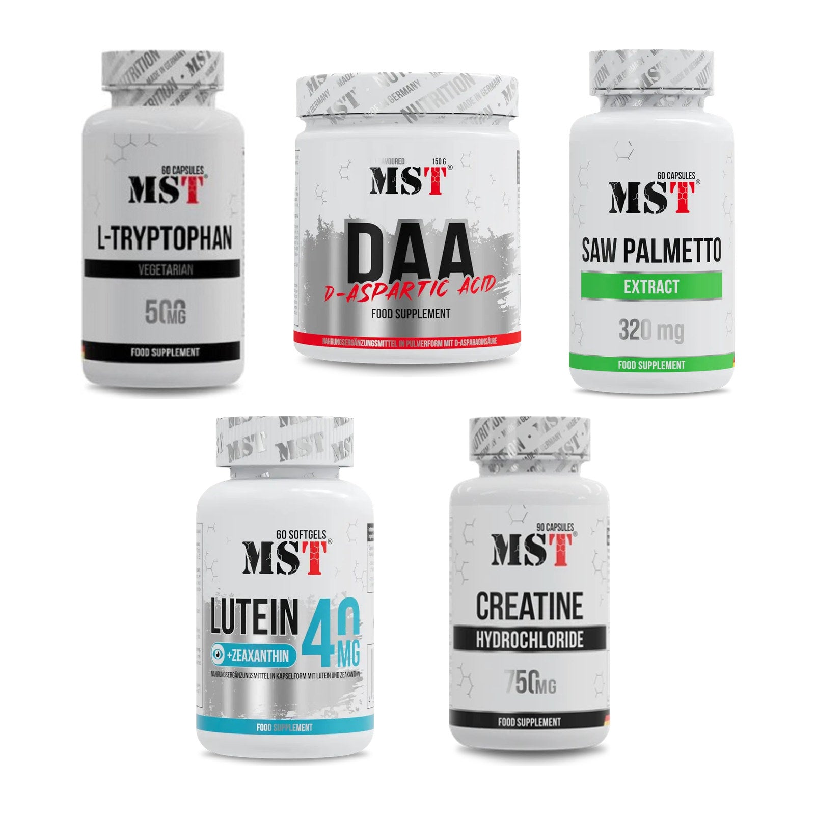 MST Marken-Großset: Tryptophan 500mg + DAA 150 g Neutral + 3 weitere – alle enthaltenen Artikel