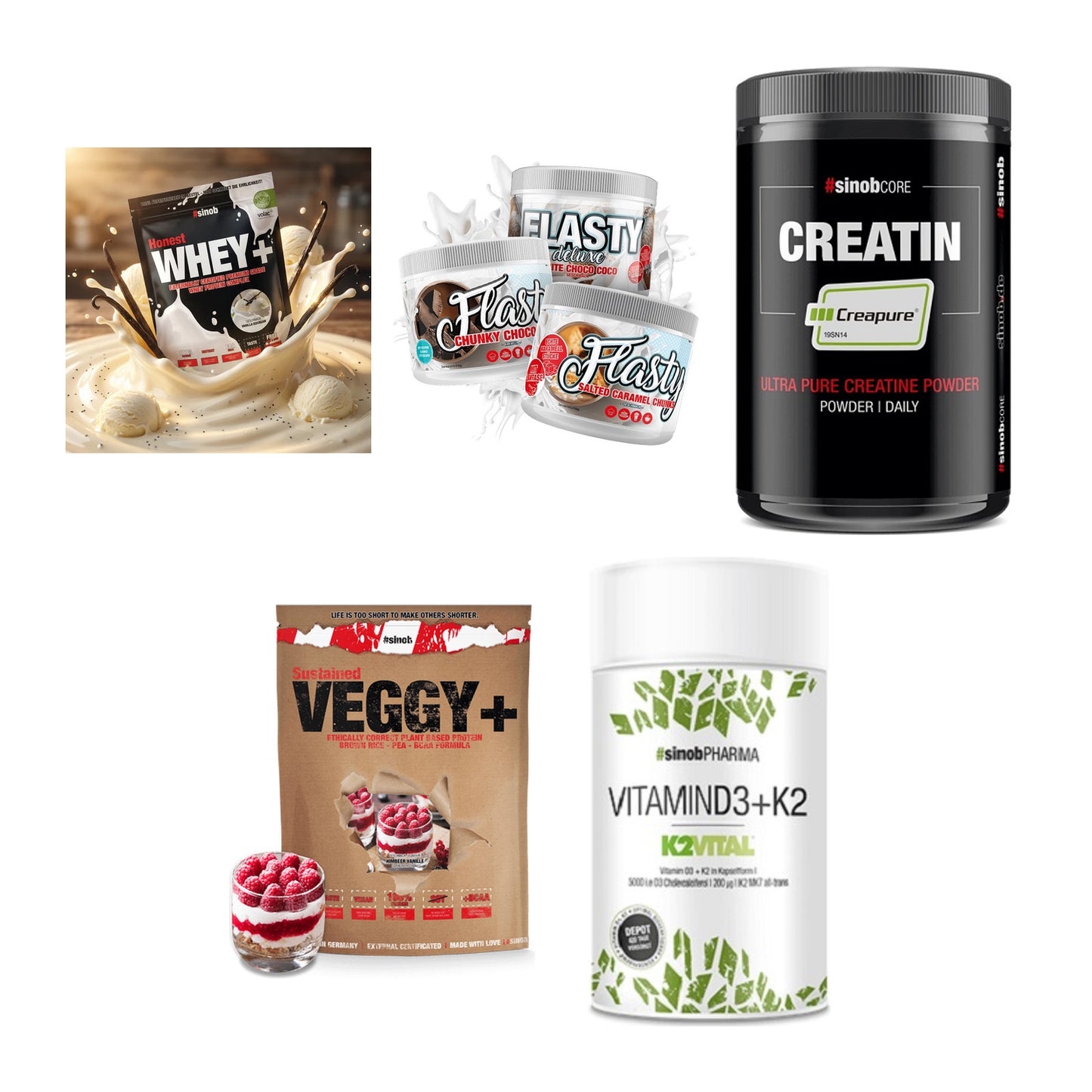 Sinob Marken-Großset: Honest Whey+ + Flasty Geschmack + 3 weitere – alle enthaltenen Artikel