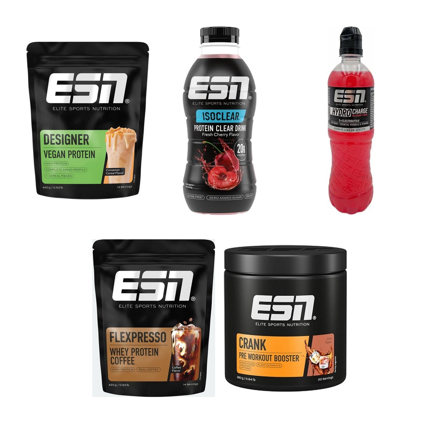 ESN Marken-Großset: Designer Vegan Protein + Isoclear RTD + 3 weitere – alle enthaltenen Artikel