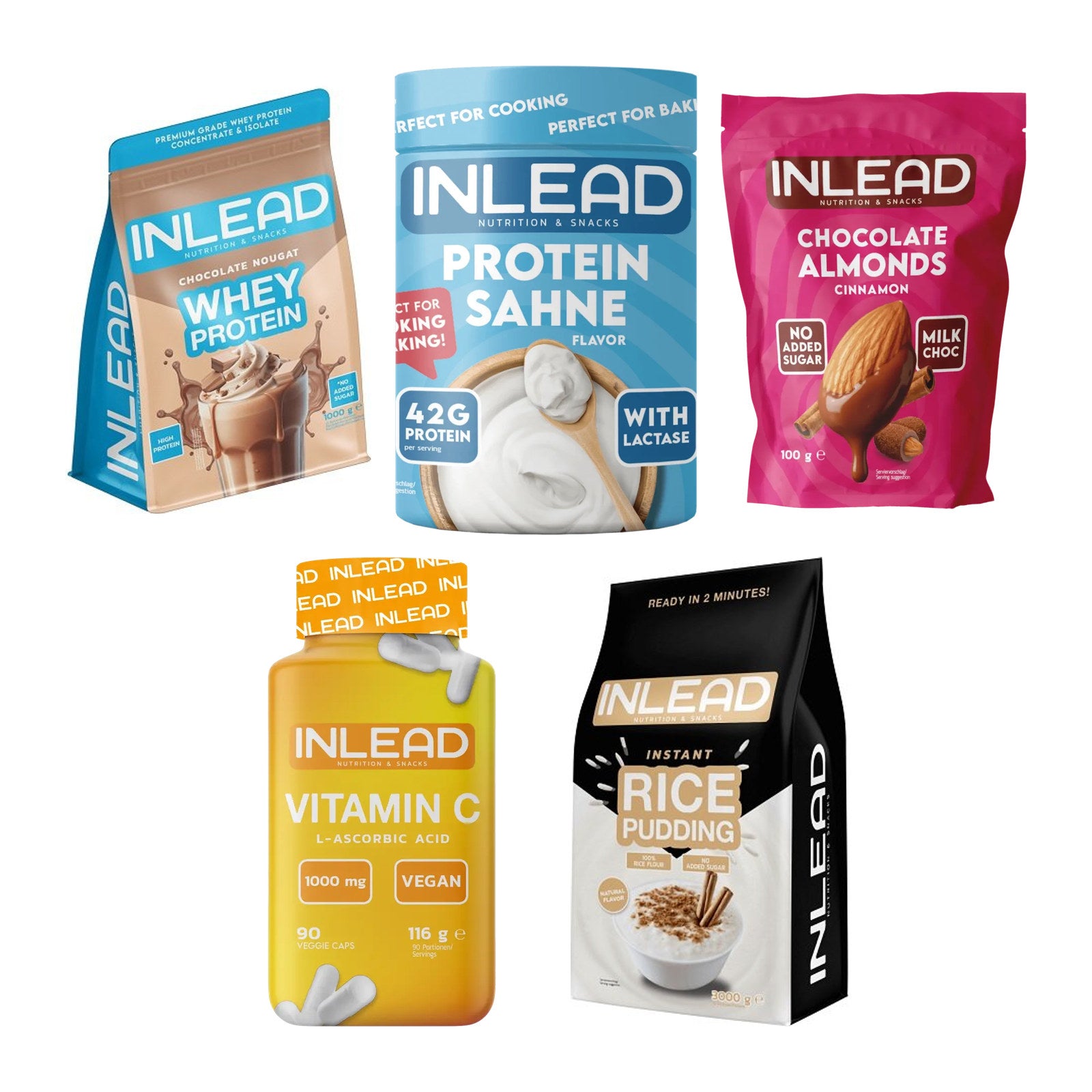 INLEAD Marken-Großset: Whey Protein + Protein Sahne + 3 weitere – alle enthaltenen Artikel