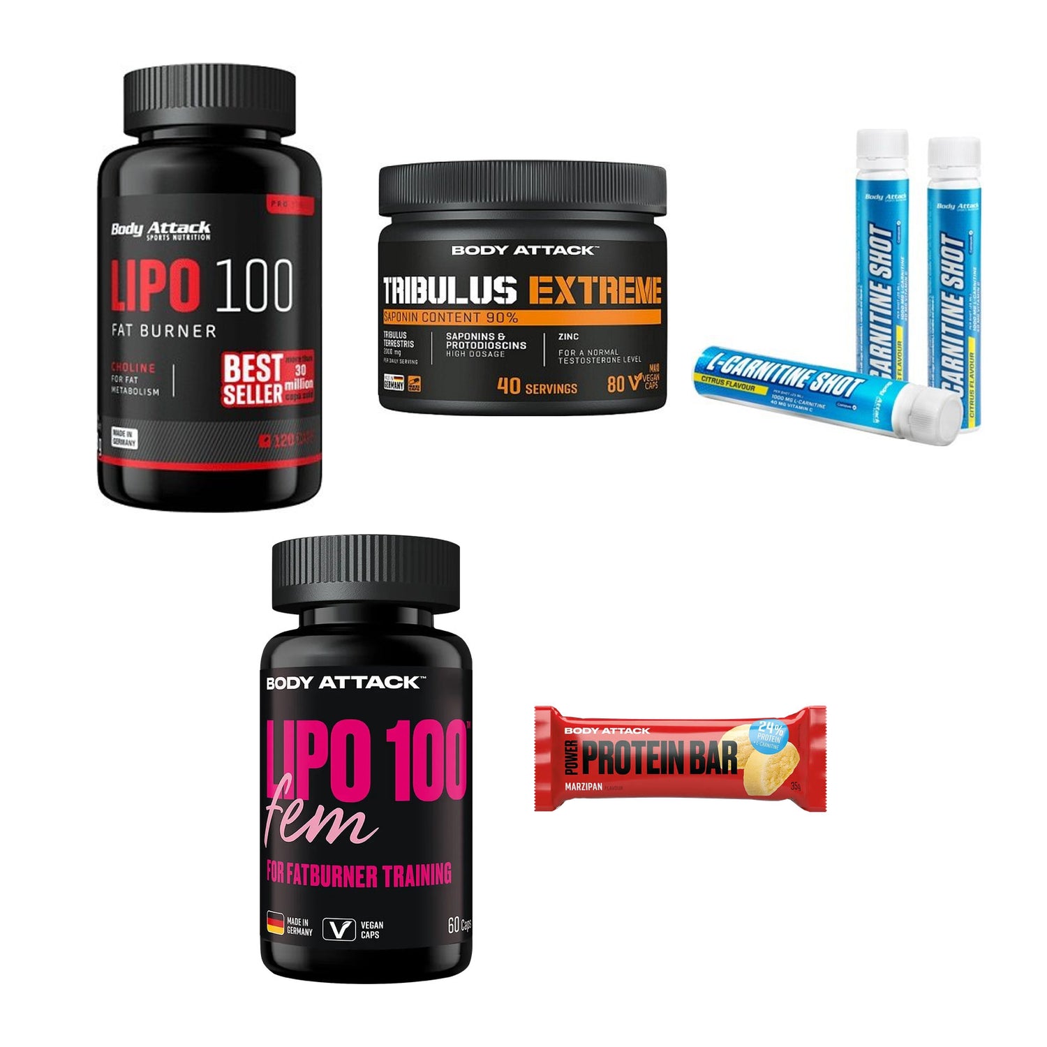 Body Attack Marken-Großset: Attack Lipo + Attack Tribul + 3 weitere – alle enthaltenen Artikel