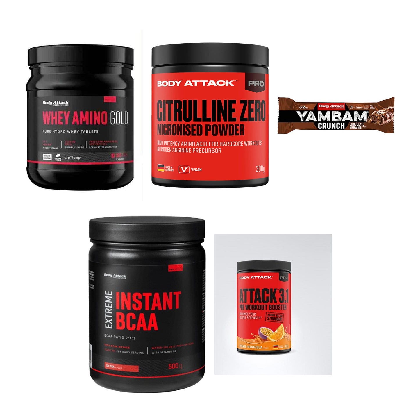 Body Attack Marken-Großset: Attack Whey + Attack 100 % + 3 weitere – alle enthaltenen Artikel