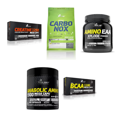 Olimp Marken-Großset: Creatine Mega + Carbo Nox 1kg + 3 weitere – alle enthaltenen Artikel