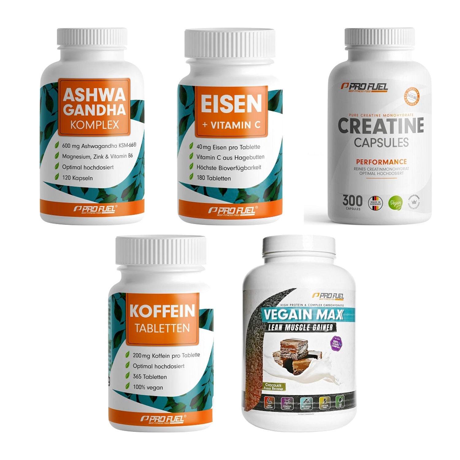 ProFuel Marken-Großset: Ashwagandha + EISEN + nat. + 3 weitere – alle enthaltenen Artikel