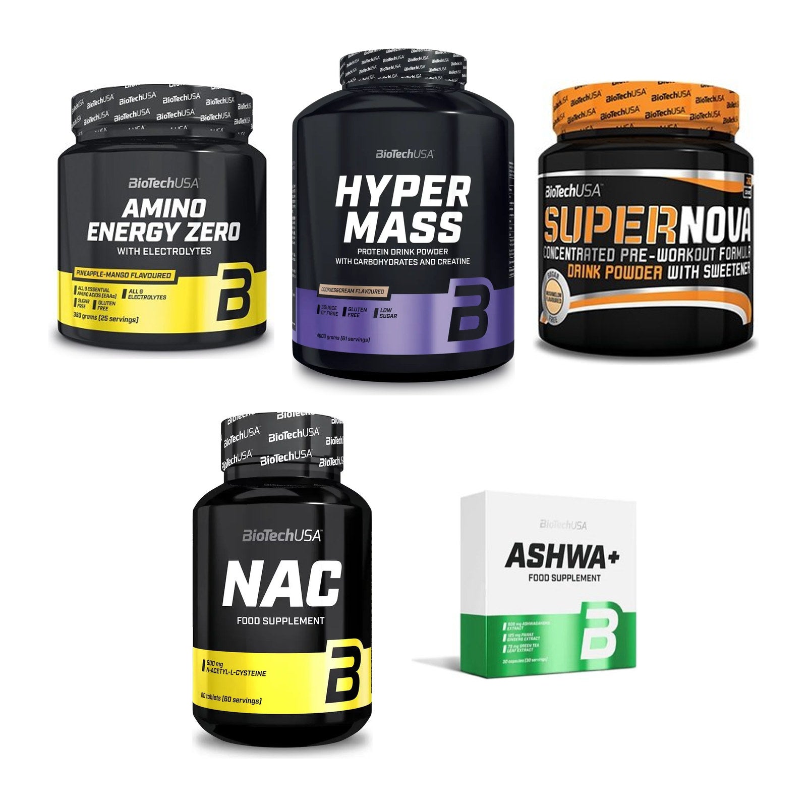 BioTech USA Marken-Großset: Amino Energy Zero + Hyper Mass + 3 weitere – alle enthaltenen Artikel