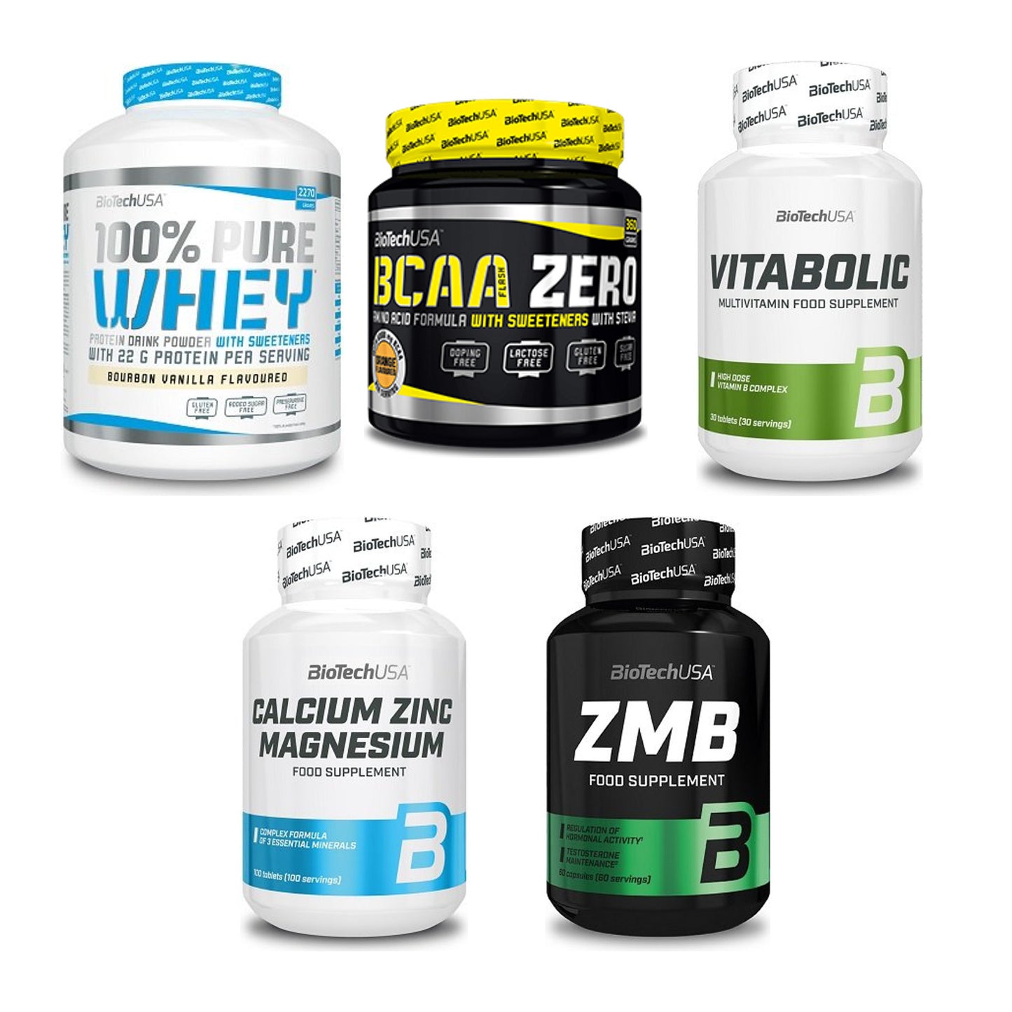 BioTech USA Marken-Großset: 100% Pure Whey + BCAA Zero + 3 weitere – alle enthaltenen Artikel