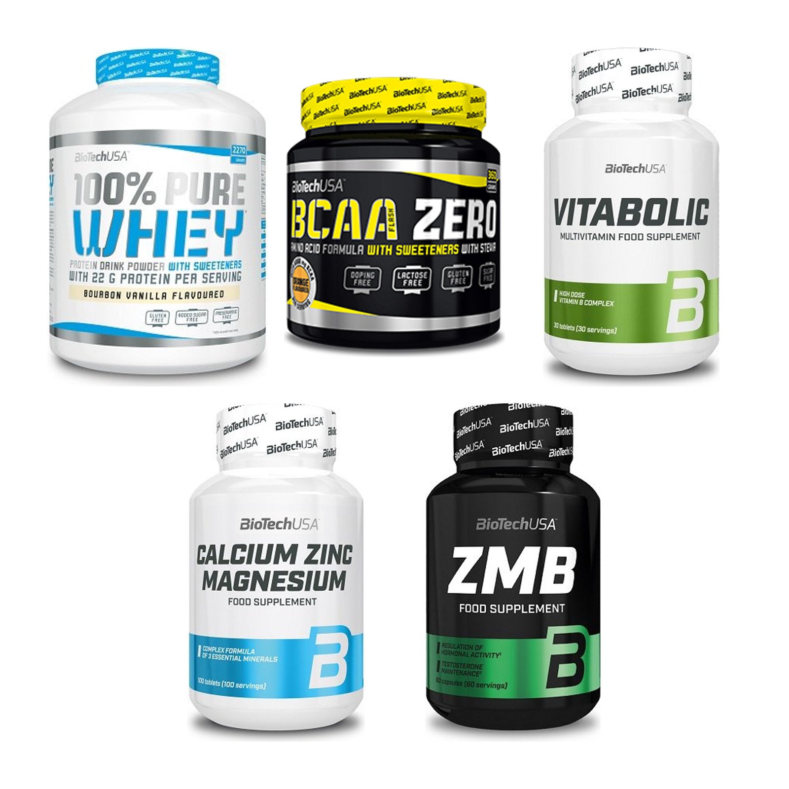 BioTech USA Marken-Großset: 100% Pure Whey + BCAA Zero + 3 weitere – alle enthaltenen Artikel