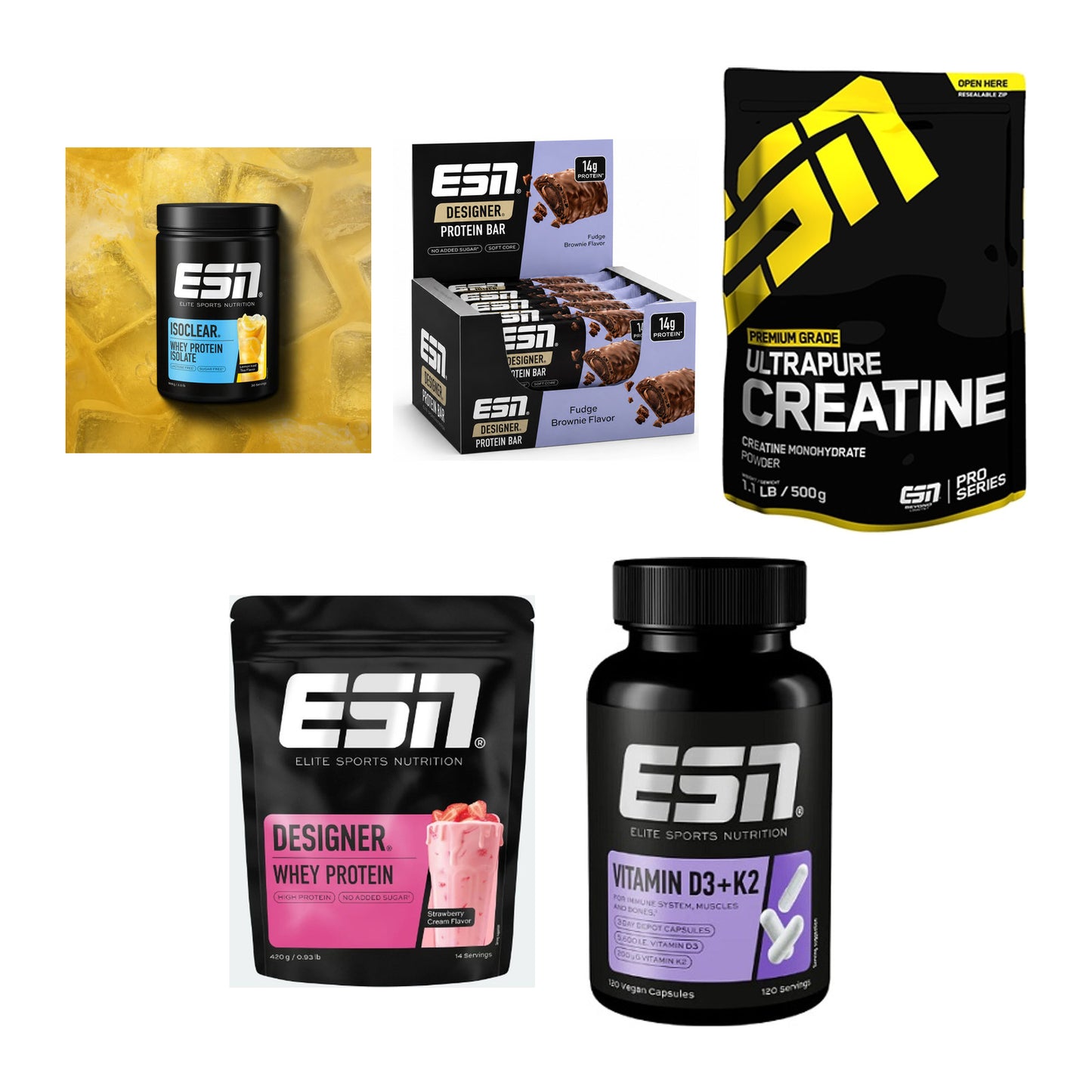 ESN Marken-Großset: ISOCLEAR Whey Isolate + Designer Bar + 3 weitere – alle enthaltenen Artikel