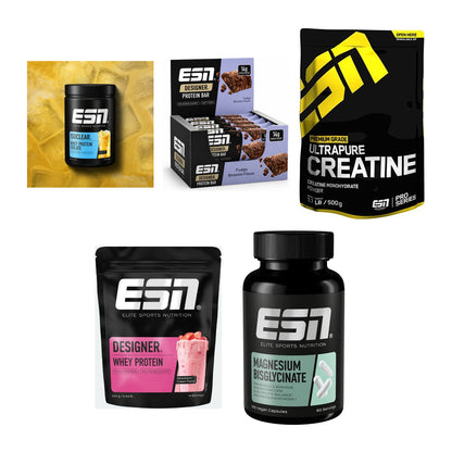 ESN Marken-Großset: ISOCLEAR Whey + Designer Bar Box + 3 weitere – alle enthaltenen Artikel