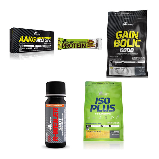 Olimp Marken-Großset: AAKG Extreme + Protein Bar + 3 weitere – alle enthaltenen Artikel