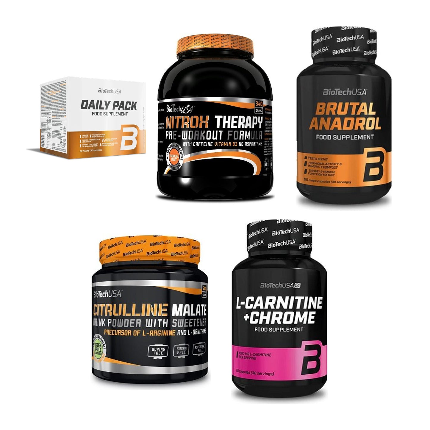 BioTech USA Marken-Großset: Daily Packs + NitroX Therap + 3 weitere – alle enthaltenen Artikel