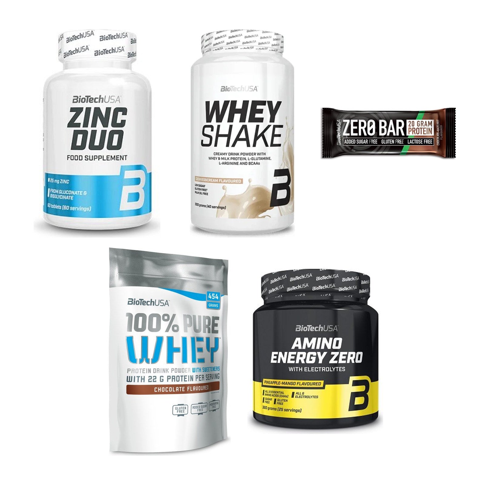 BioTech USA Marken-Großset: Zinc Duo + Whey Shake + 3 weitere – alle enthaltenen Artikel
