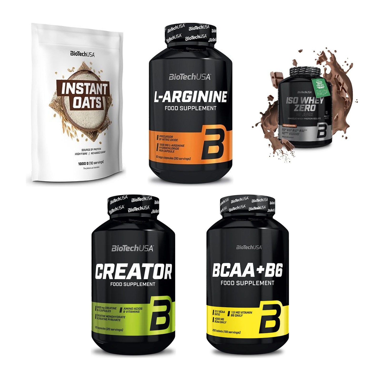 BioTech USA Marken-Großset: Instant Oats + L-Arginine + 3 weitere – alle enthaltenen Artikel