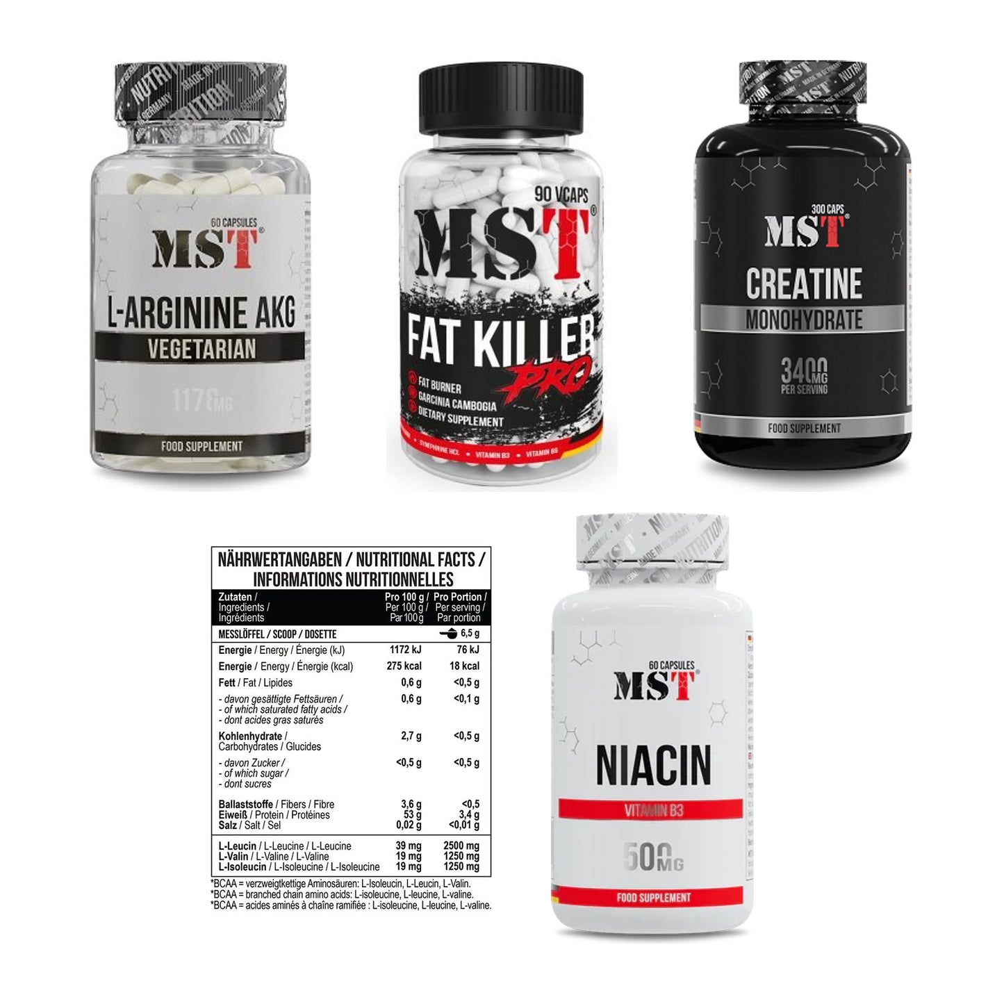 MST Marken-Großset: Arginin AAKG 1178mg + Fat Killer + 3 weitere – alle enthaltenen Artikel