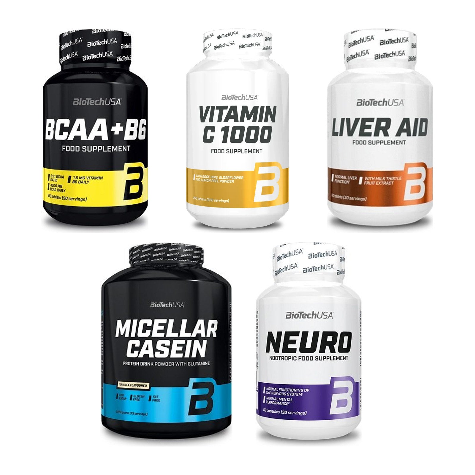 BioTech USA Marken-Großset: BCAA+B6 100 + Vitamin C + 3 weitere – alle enthaltenen Artikel