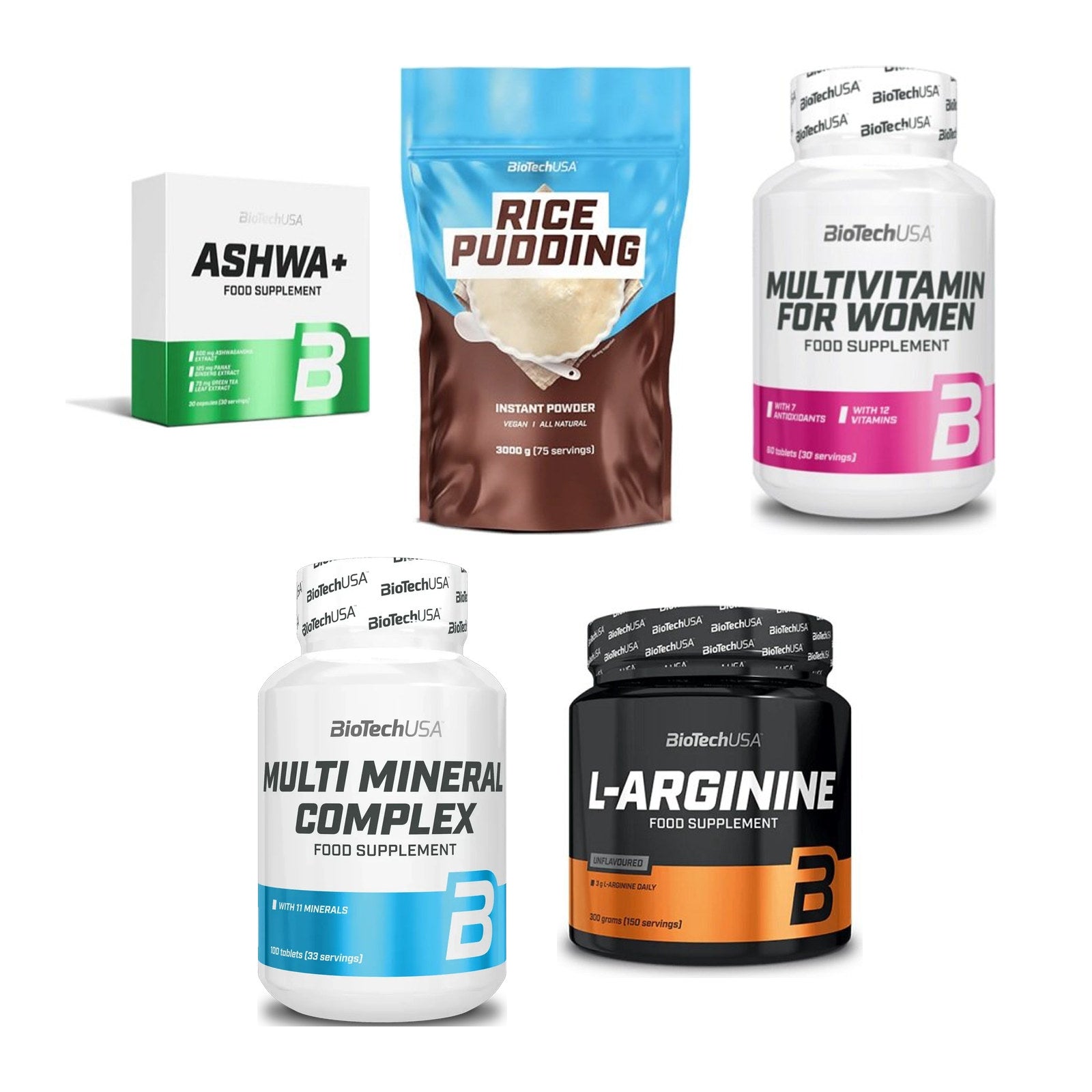 BioTech USA Marken-Großset: Ashwa+ + Rice Pudding + 3 weitere – alle enthaltenen Artikel