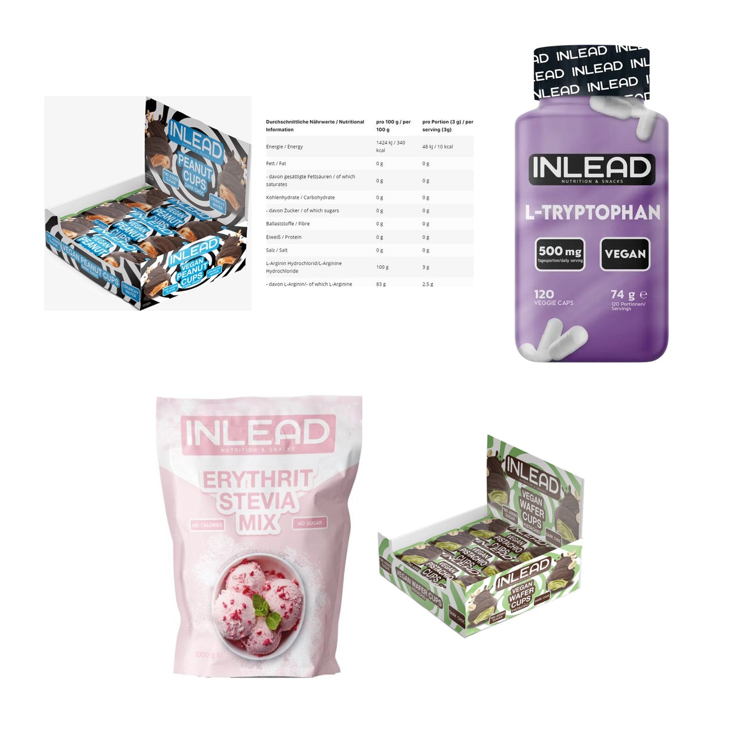 INLEAD Marken-Großset: Peanut Cups + L-Arginin HCL + 3 weitere – alle enthaltenen Artikel