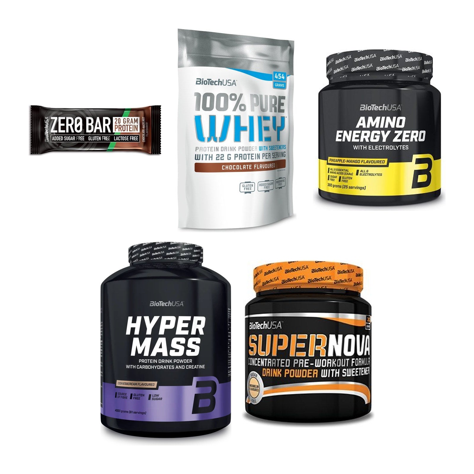 BioTech USA Marken-Großset: Zero Bar + 100% Pure Whey + 3 weitere – alle enthaltenen Artikel