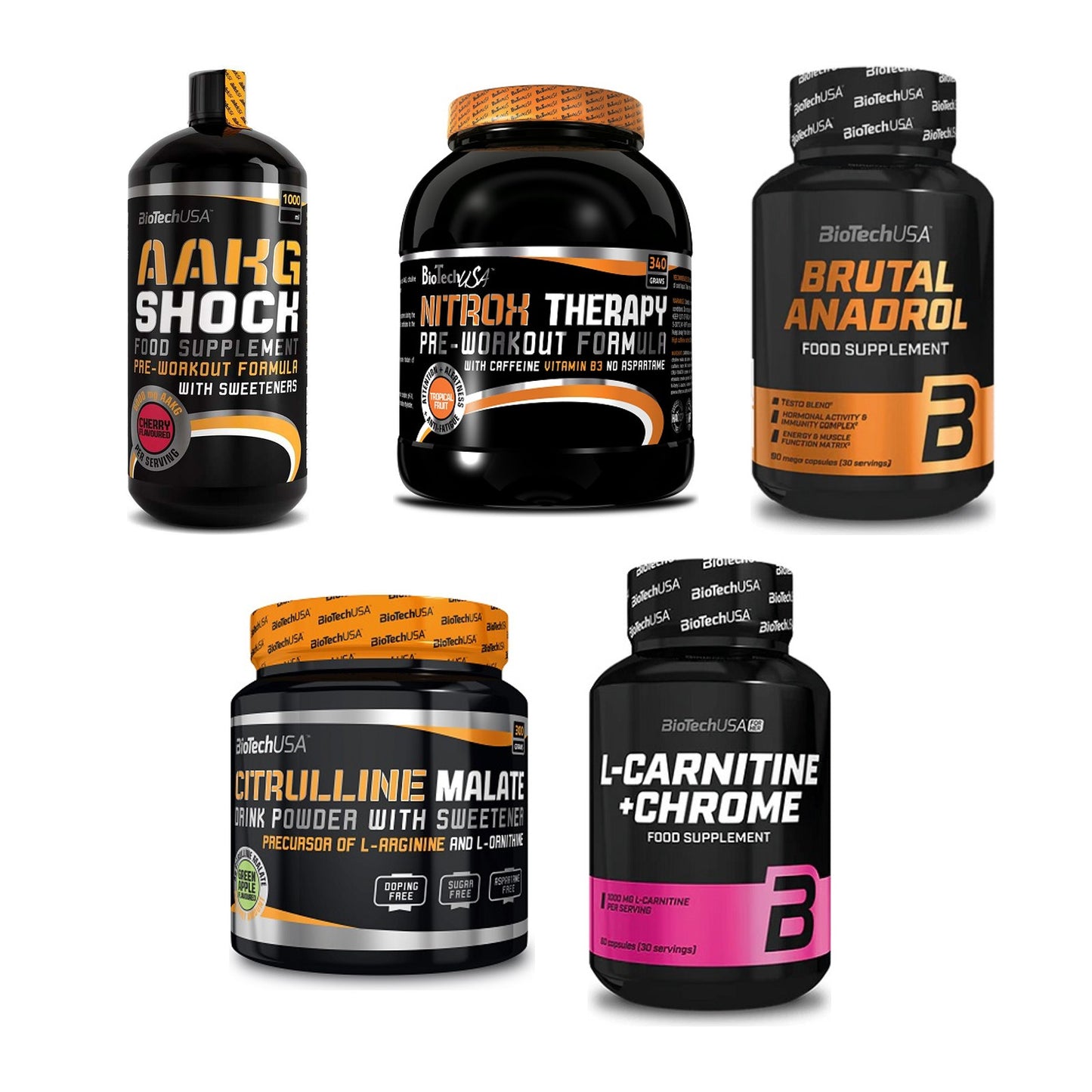 BioTech USA Marken-Großset: AAKG Shock + NitroX Therap + 3 weitere – alle enthaltenen Artikel