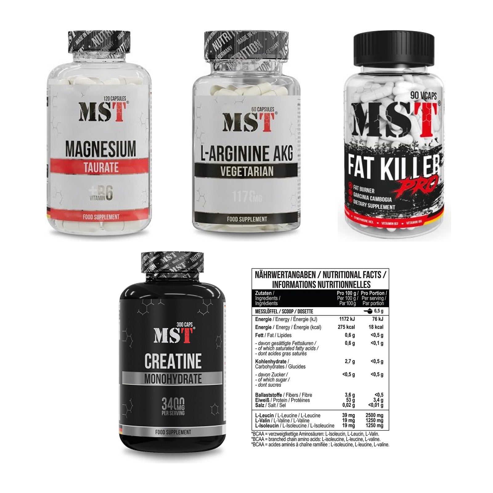 MST Marken-Großset: Magnesium Taurat + Arginin AAKG 1178mg + 3 weitere – alle enthaltenen Artikel