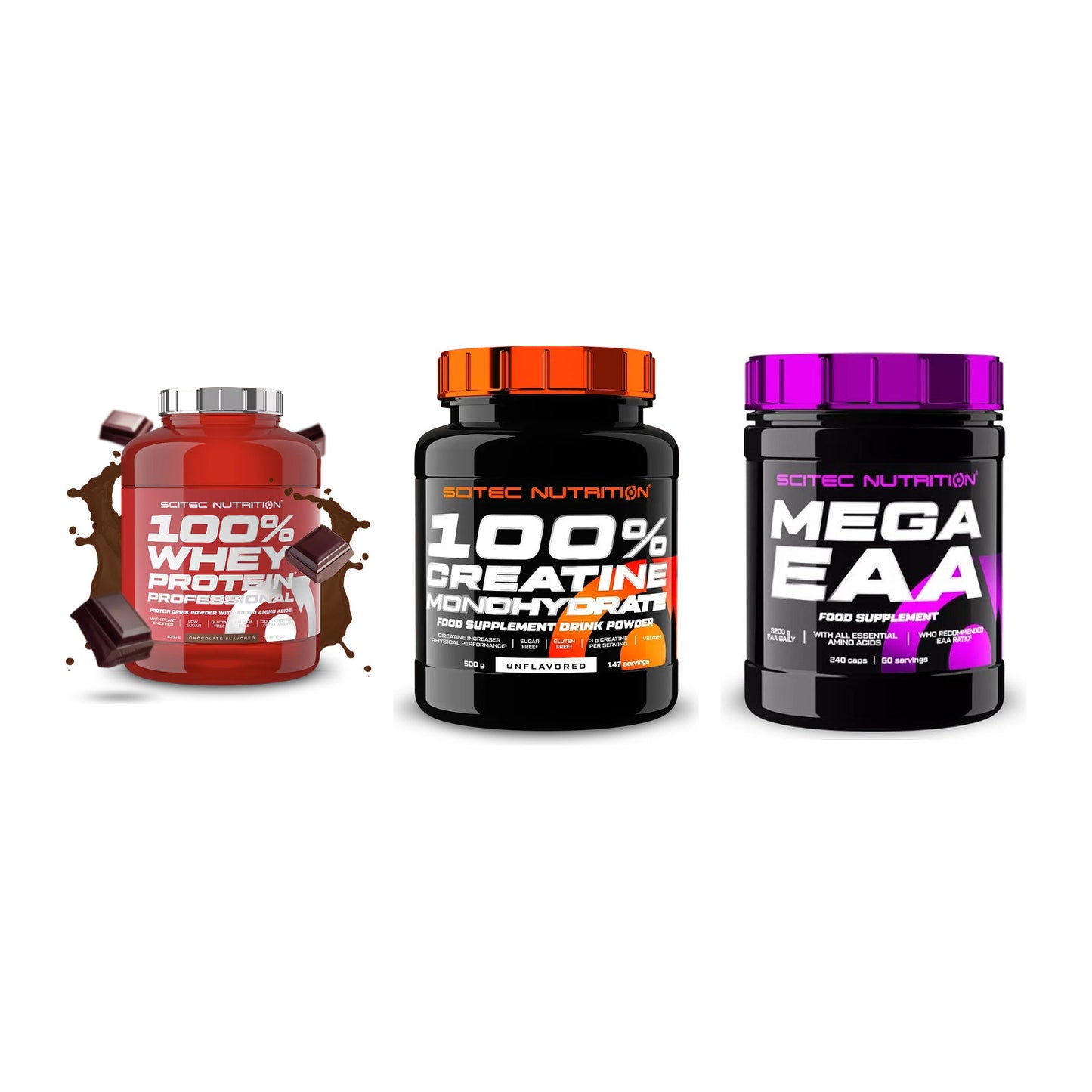 Scitec Nutrition Marken-Trio: 100% Whey + Creatine + 1 weitere – alle enthaltenen Artikel