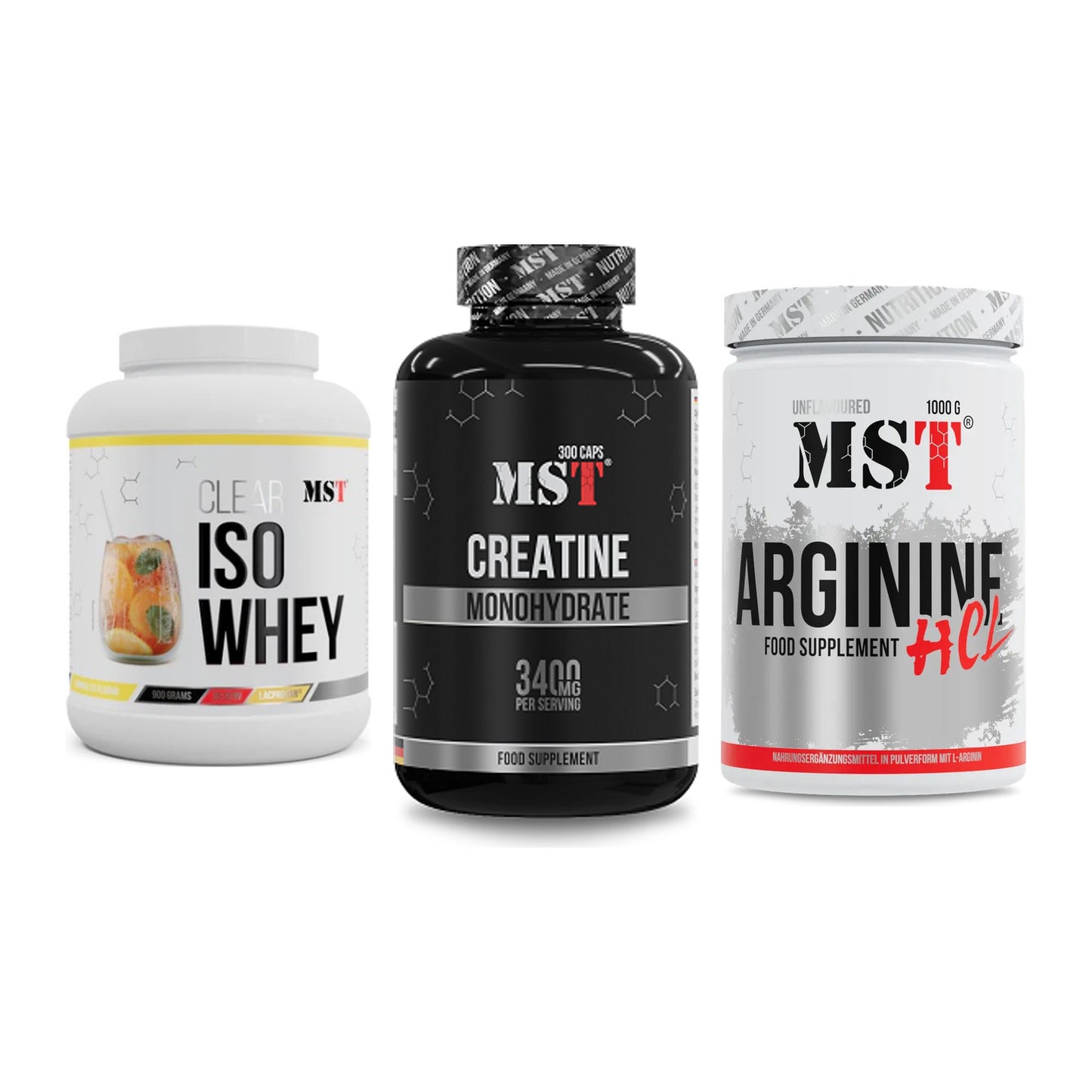 MST Marken-Trio: Iso Clear + Creatine Monohydrate + Arginine HCL – alle enthaltenen Artikel