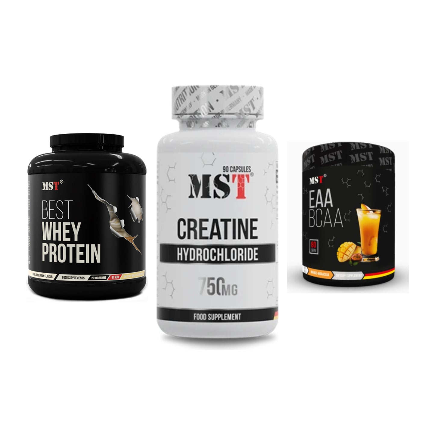 MST Marken-Trio: Best Whey Protein + Creatin HCL + EAA & BCAA – alle enthaltenen Artikel
