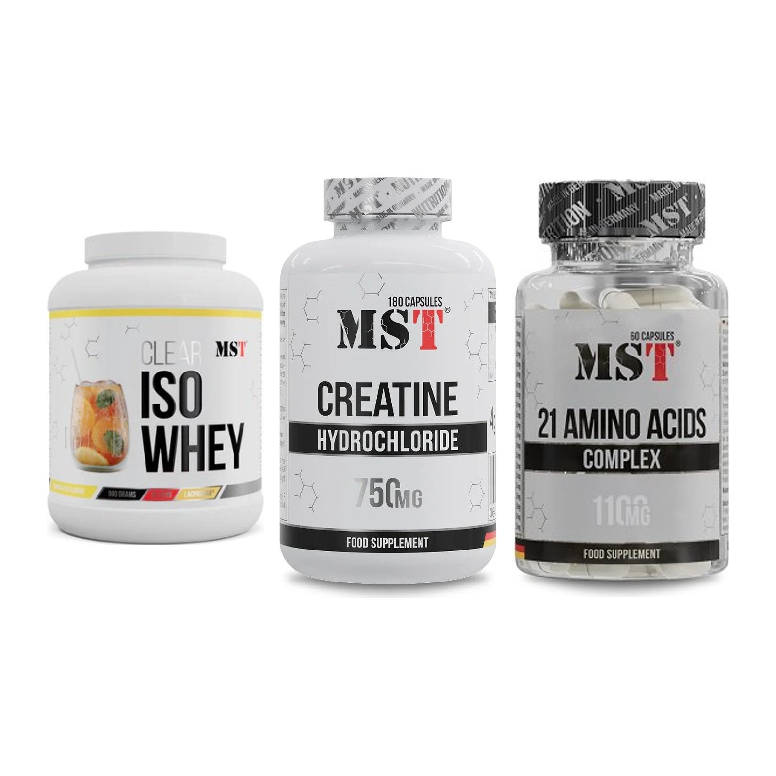 MST Marken-Trio: Iso Clear 900g + Creatine HCL + 21 Amino Acids – alle enthaltenen Artikel