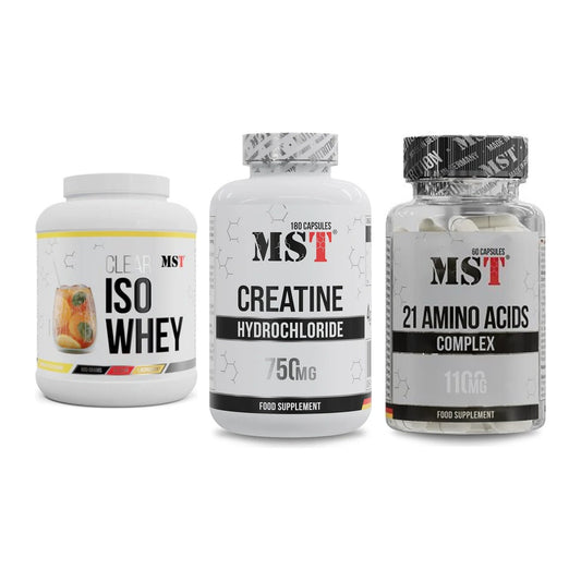 MST Marken-Trio: Iso Clear 900g + Creatine HCL + 21 Amino Acids – alle enthaltenen Artikel
