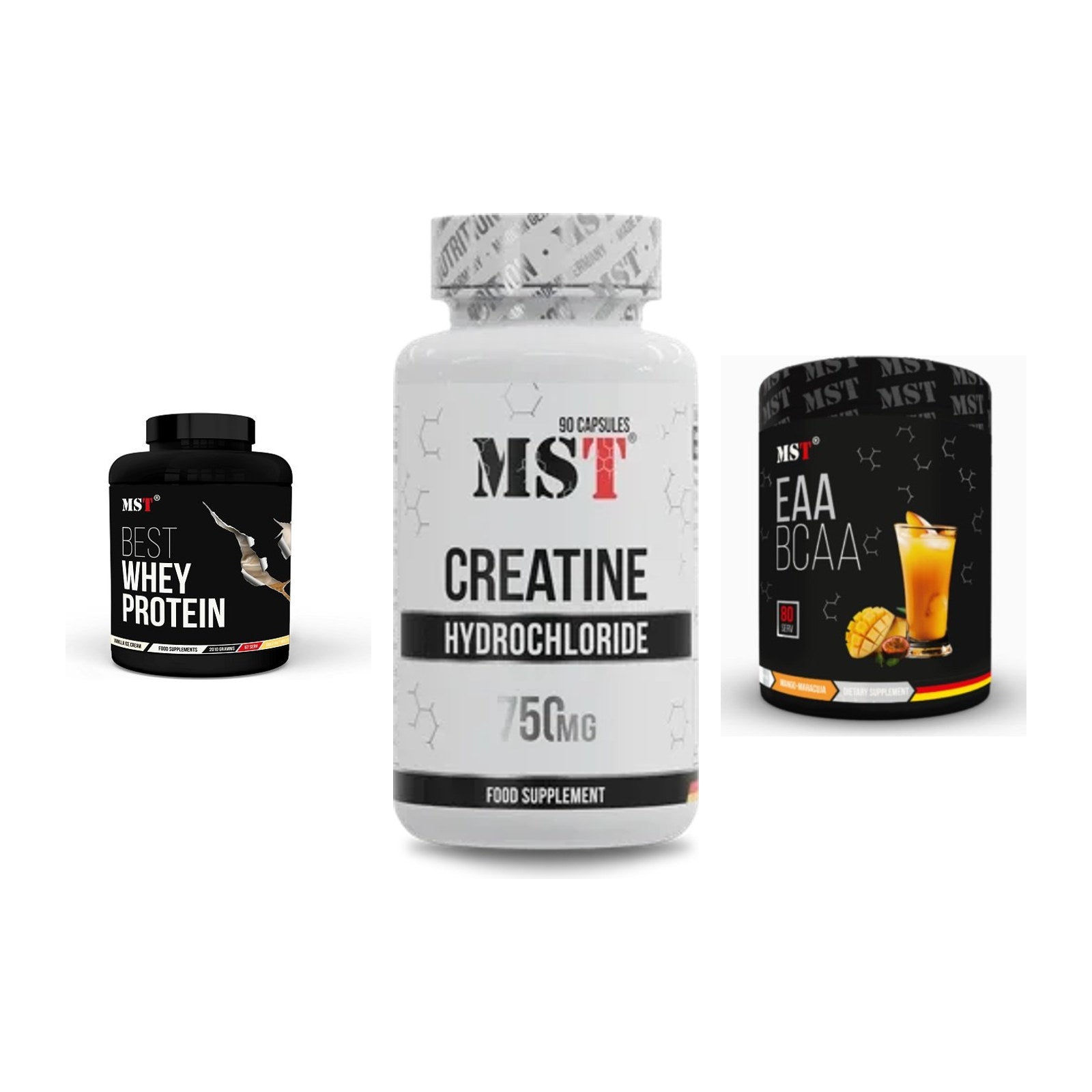 MST Marken-Trio: Best Whey Protein + Creatin HCL + EAA & BCAA – alle enthaltenen Artikel