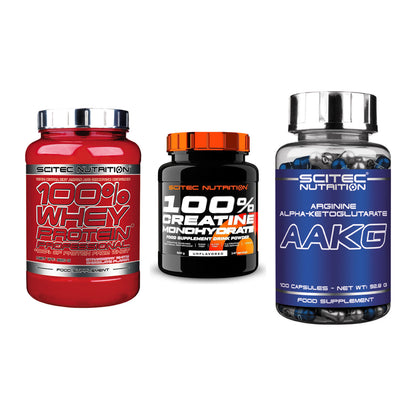 Scitec Nutrition Marken-Trio: 100% Whey + Creatine + 1 weitere – alle enthaltenen Artikel