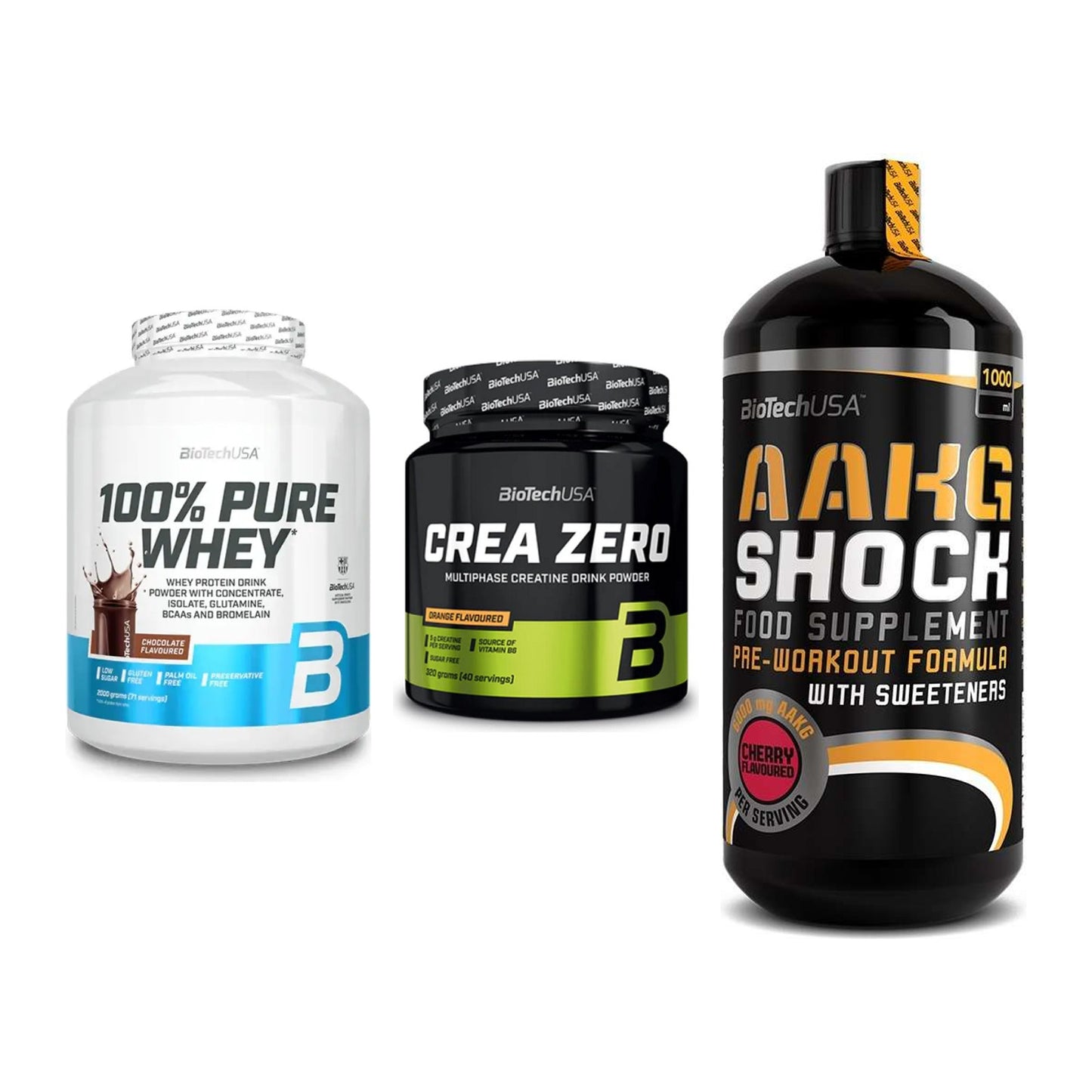 BioTech USA Marken-Trio: 100% Pure + Crea Zero + AAKG Shock – alle enthaltenen Artikel