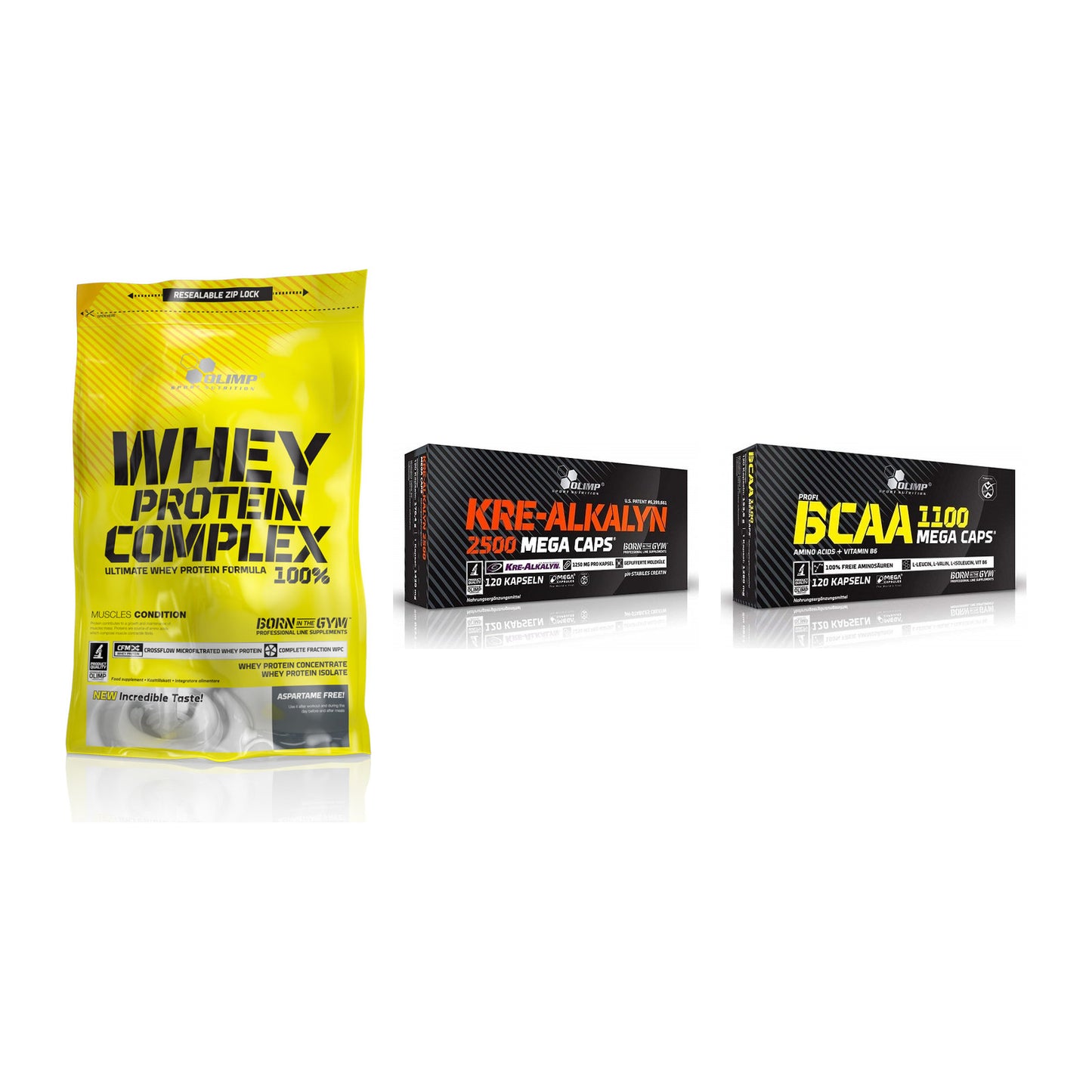 Olimp Marken-Trio: Whey Protein + Kre Alkalyn + BCAA Mega Caps – alle enthaltenen Artikel