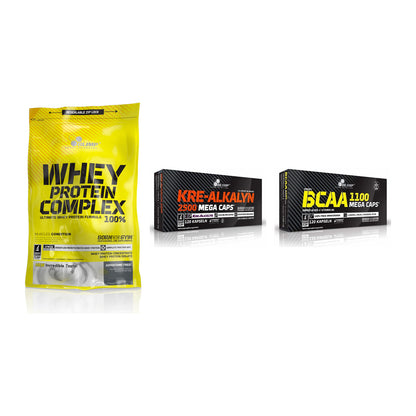Olimp Marken-Trio: Whey Protein + Kre Alkalyn + BCAA Mega Caps – alle enthaltenen Artikel