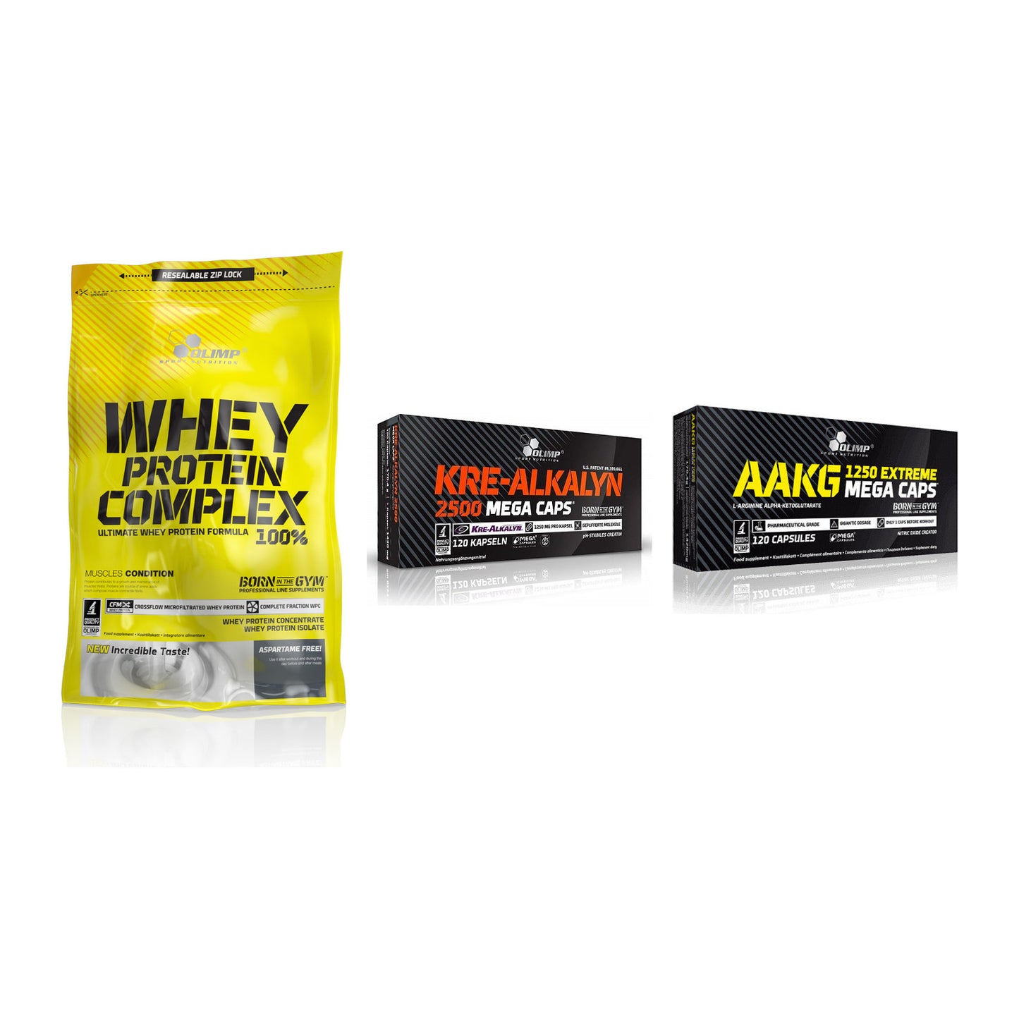 Olimp Marken-Trio: Whey Protein + Kre Alkalyn + AAKG Extreme – alle enthaltenen Artikel