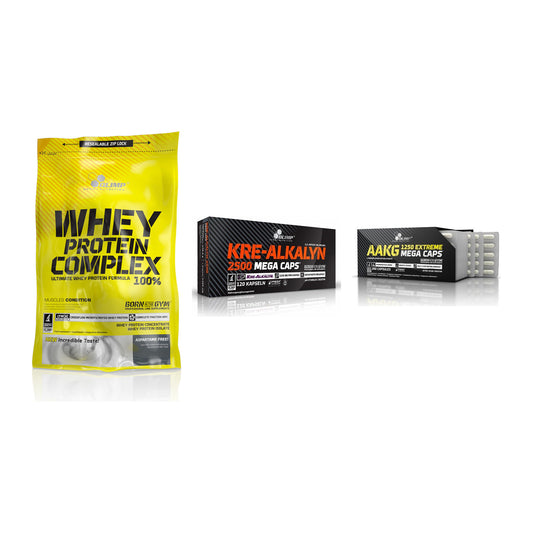 Olimp mærketrio: Valleprotein + Kre Alkalyn + AAKG Extreme - alle varer inkluderet