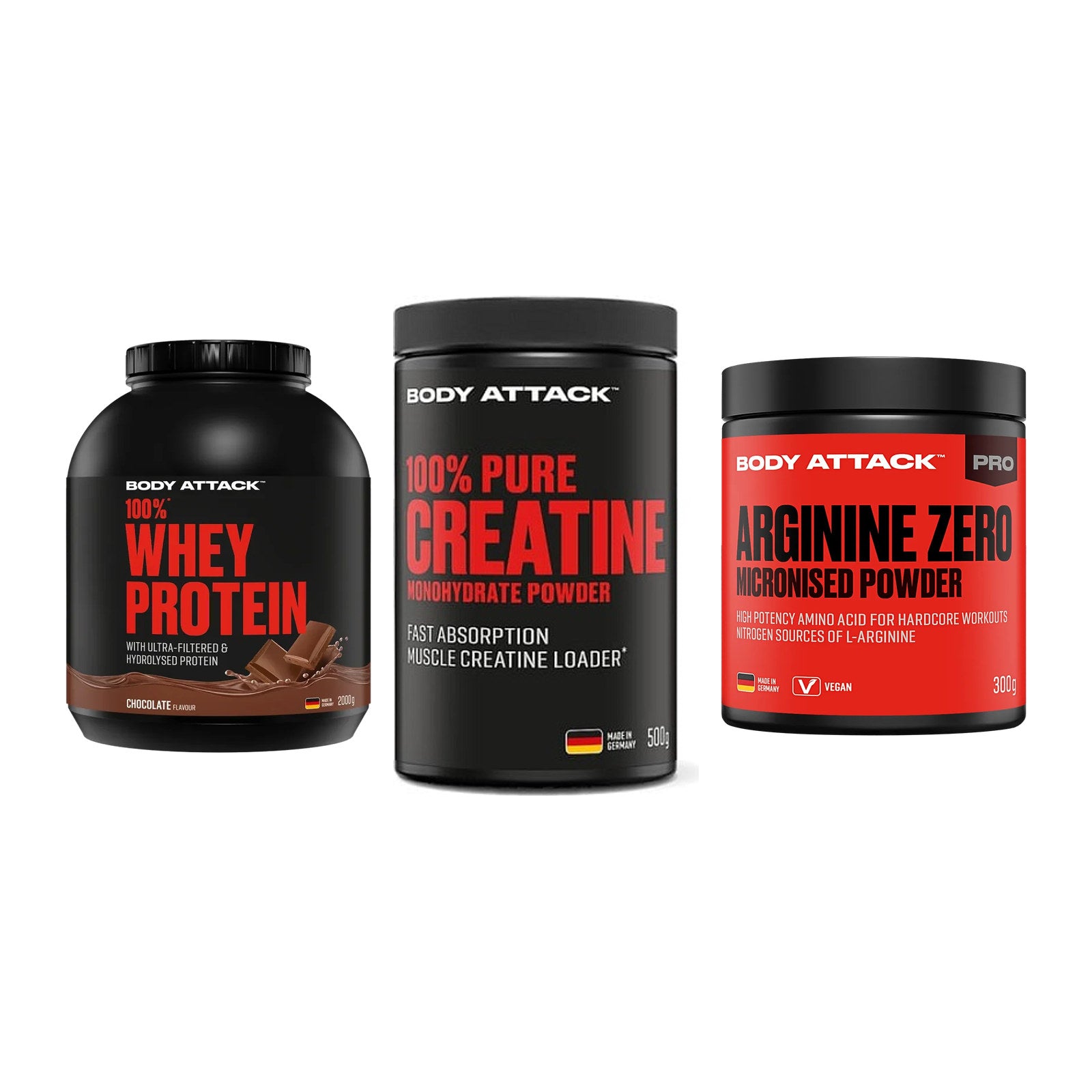Body Attack Marken-Trio: Attack 100% Whey Protein + 2 weitere – alle enthaltenen Artikel