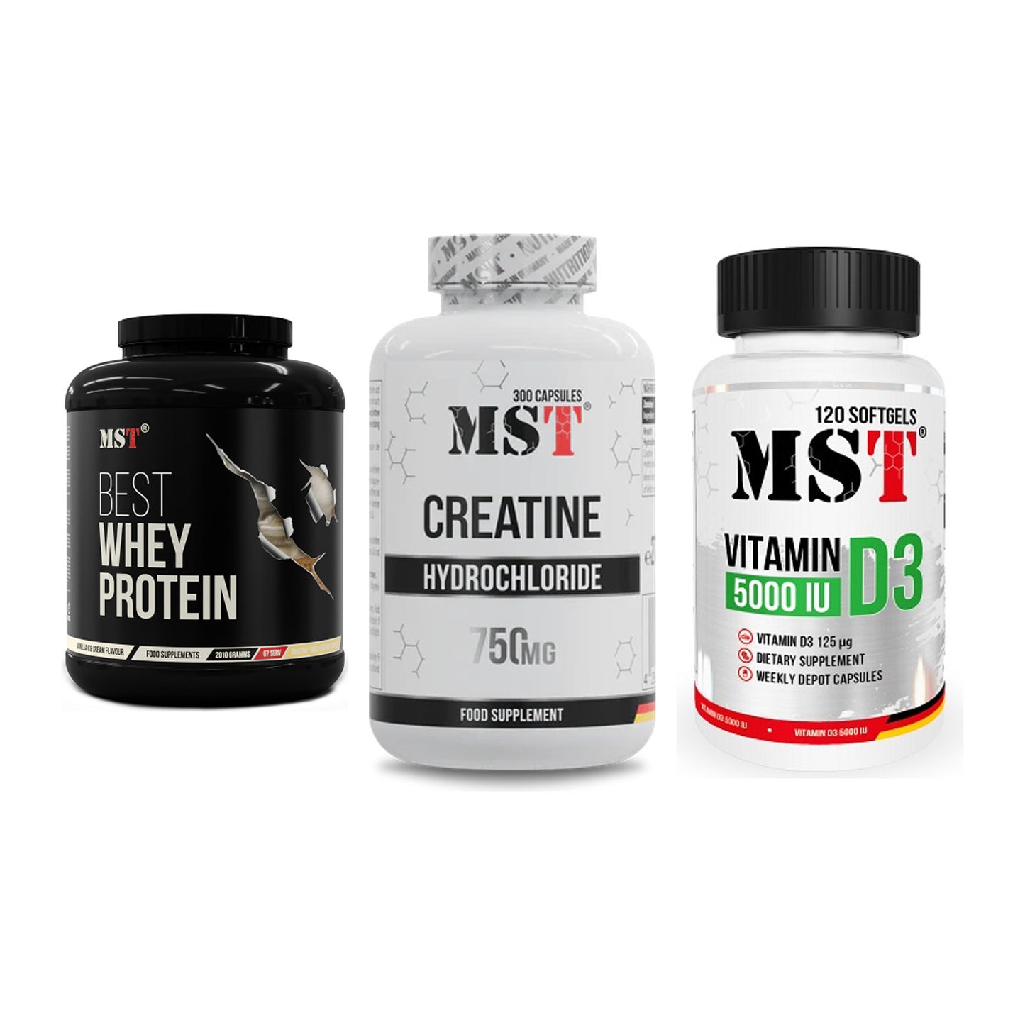 MST Marken-Trio: Best Whey + Creatine HCL + Vitamin D3 – alle enthaltenen Artikel