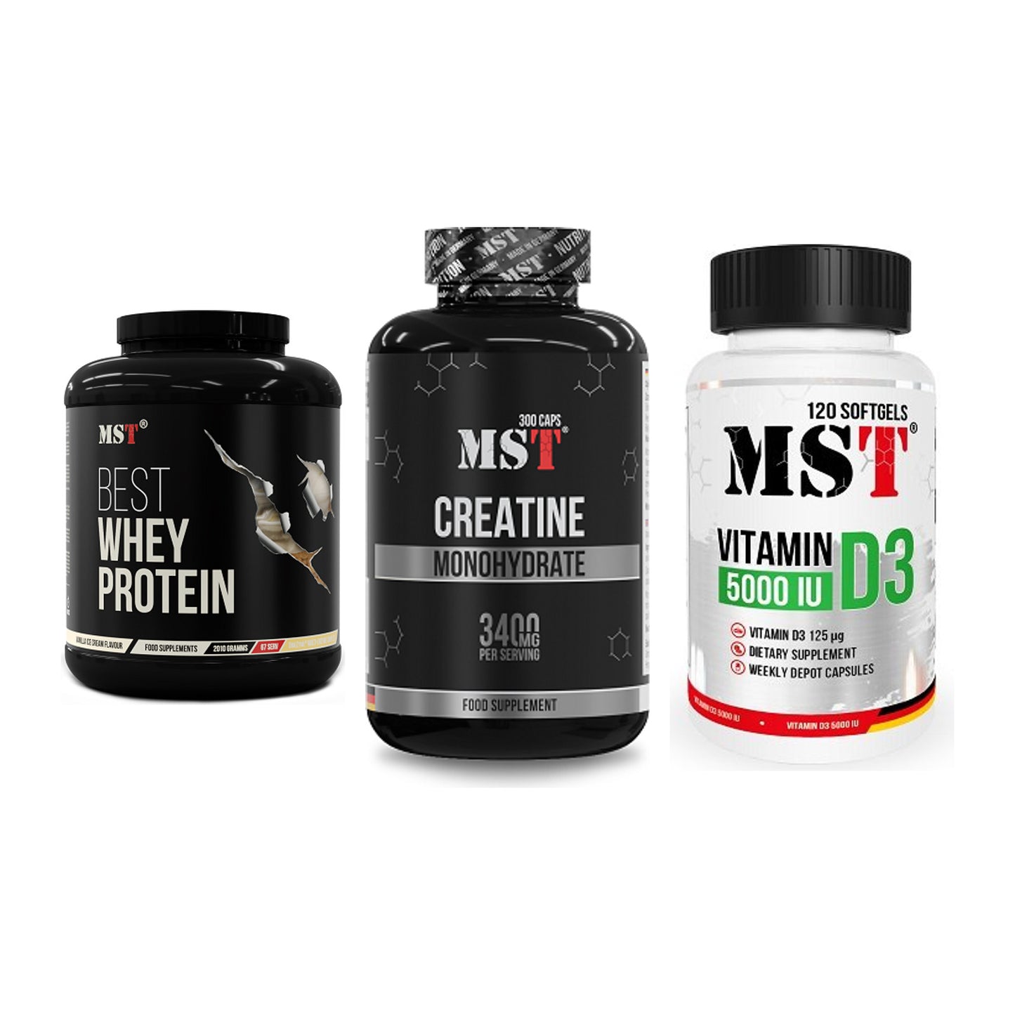 MST Marken-Trio: Best Whey + Creatine + Vitamin D3 – alle enthaltenen Artikel