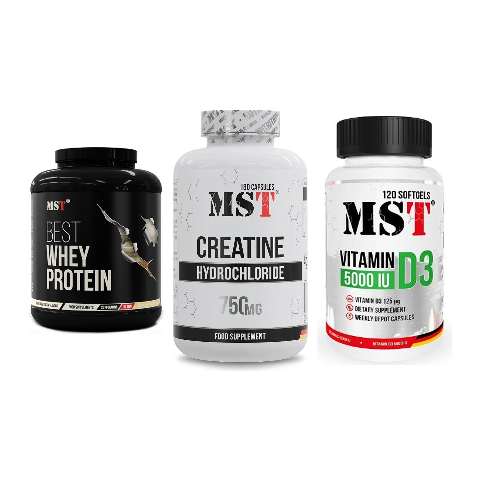 MST Marken-Trio: Best Whey + Creatine HCL + Vitamin D3 – alle enthaltenen Artikel