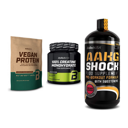BioTech USA Marken-Trio: Vegan Protein + Creatine + AAKG Shock – alle enthaltenen Artikel