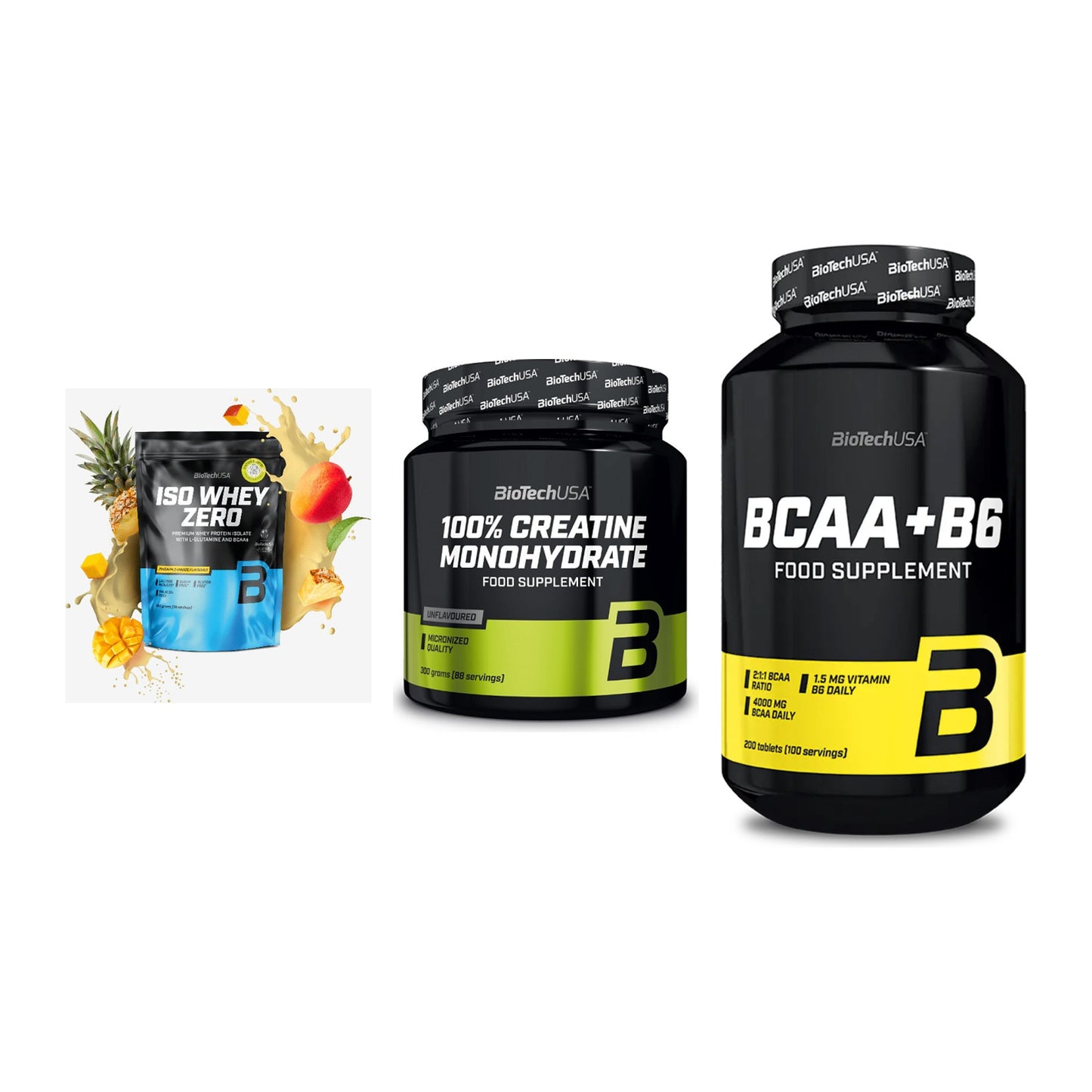 BioTech USA Marken-Trio: Iso Whey Zero + Creatine + BCAA+B6 200 – alle enthaltenen Artikel