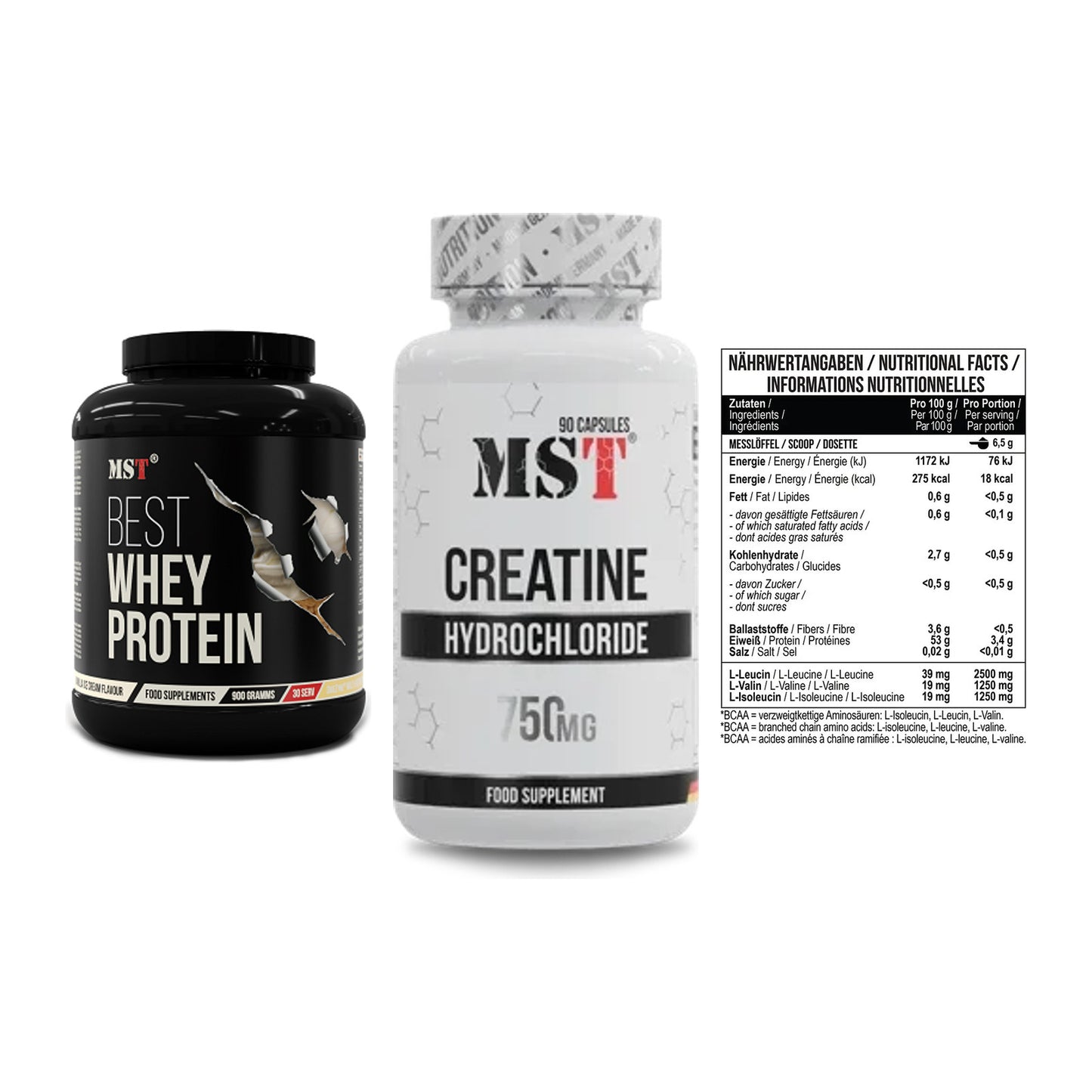 MST Marken-Trio: Best Whey Protein + Creatin HCL + BCAA Zero – alle enthaltenen Artikel