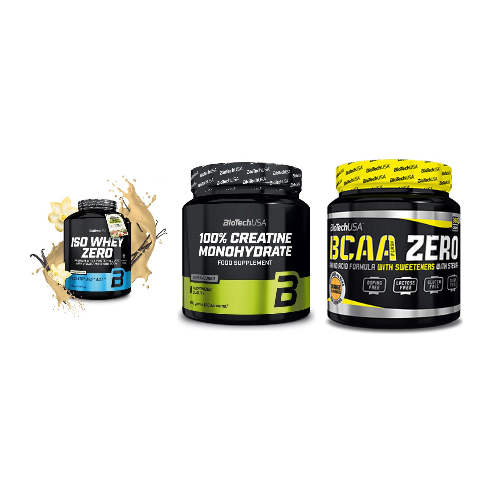 BioTech USA Marken-Trio: Iso Whey Zero + Creatine + BCAA Zero – alle enthaltenen Artikel