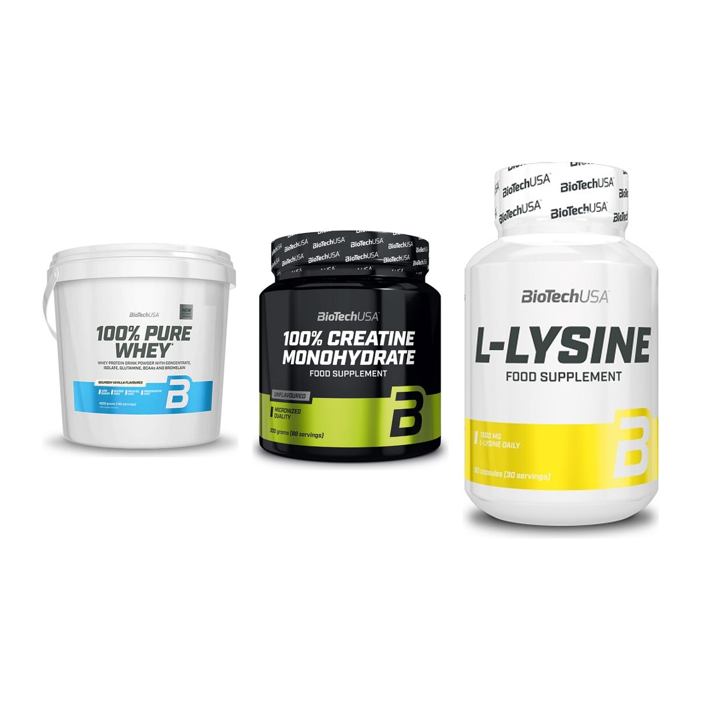 BioTech USA Marken-Trio: 100% Pure + Creatine + L-Lysine – alle enthaltenen Artikel
