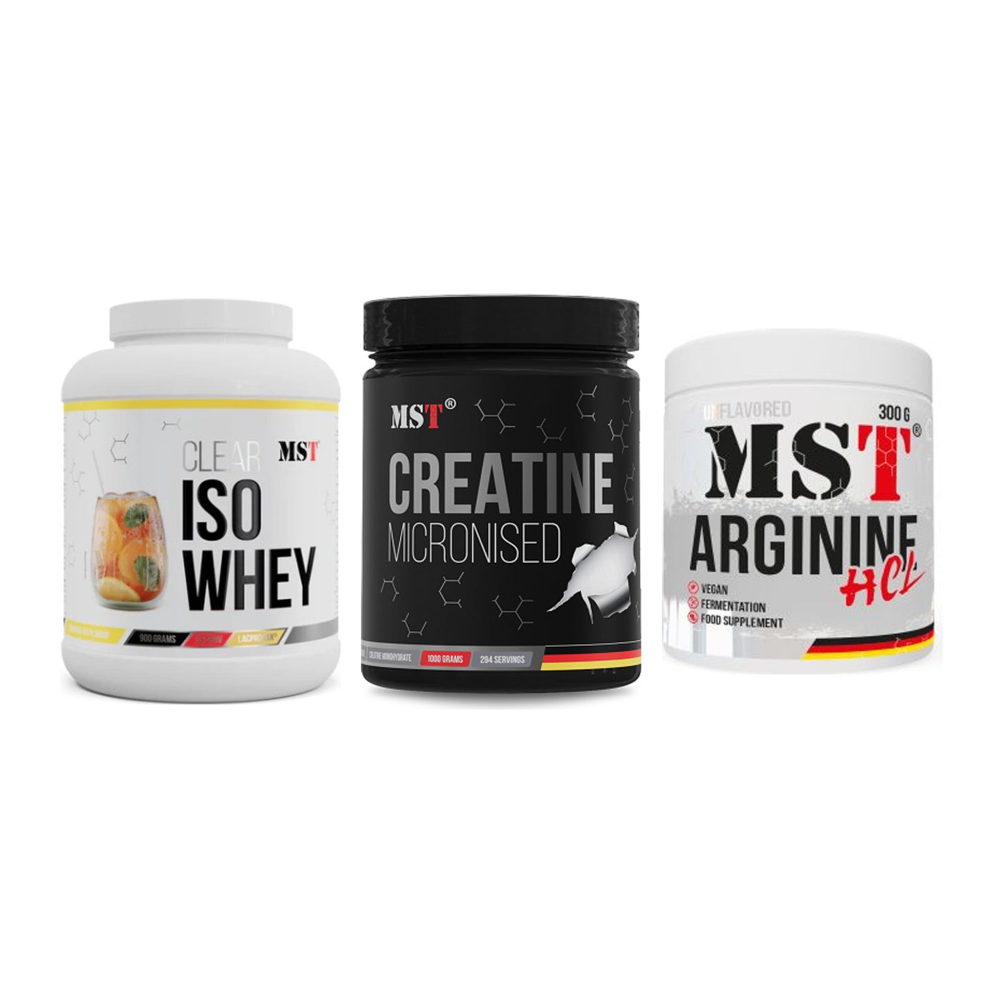 MST Marken-Trio: Iso Clear + Creatin Monohydrate + Arginine HCL – alle enthaltenen Artikel